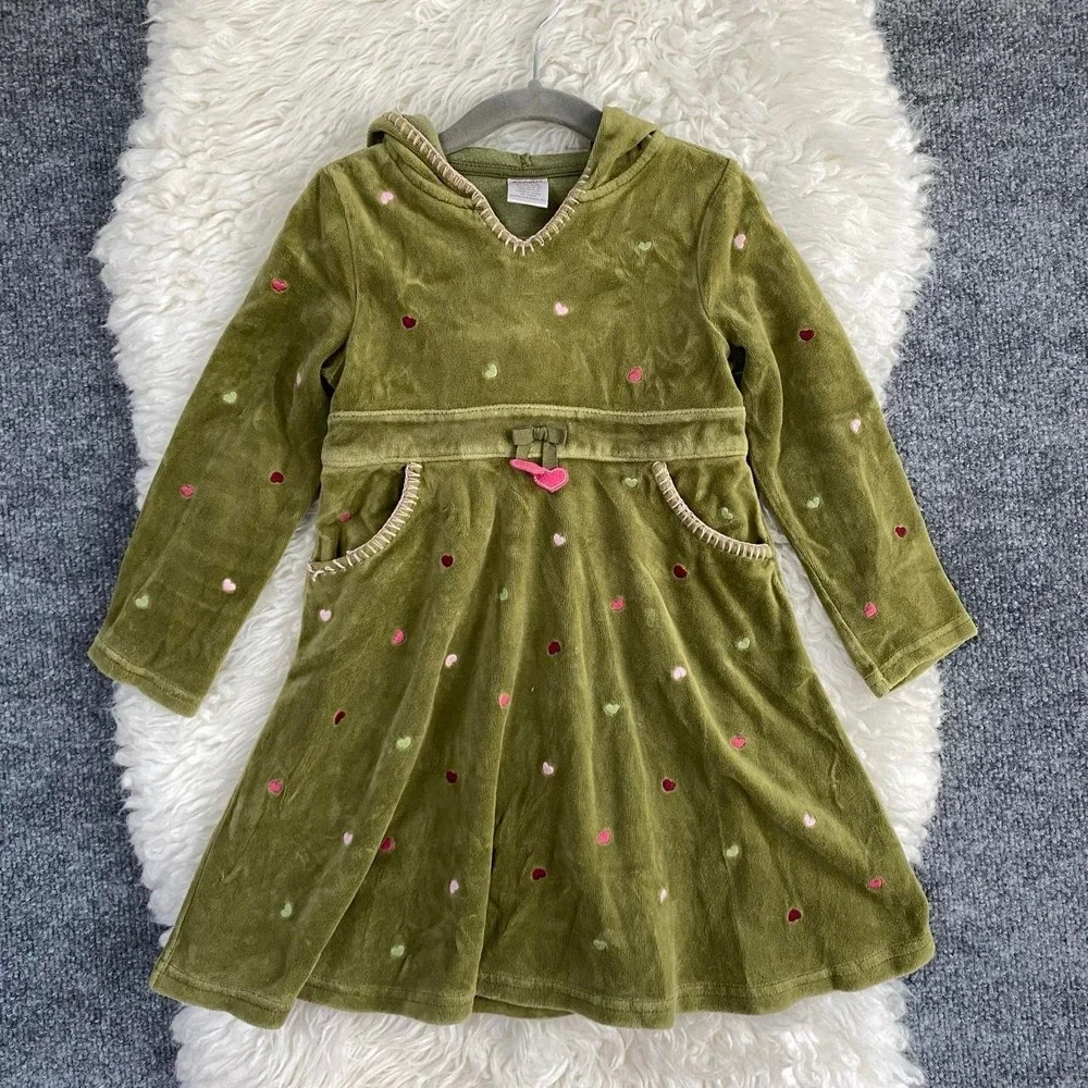 GYMBOREE KIDS GREEN EMBROIDERED HEARTS LONG SLEEVE DRESS HOODED